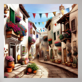 Een klein toeristenstadje met kleine straatwinkels poster