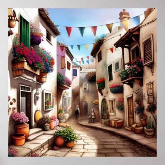 Een klein toeristenstadje met kleine straatwinkels poster (Voorkant)