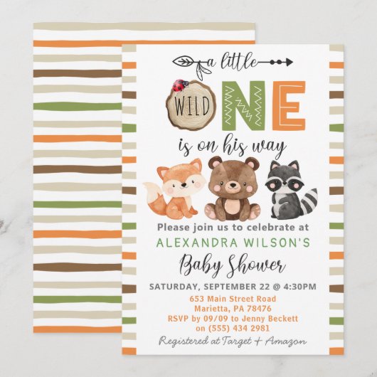 Een klein Wild One Woodland Animals Baby shower In Kaart (Voorkant / Achterkant)