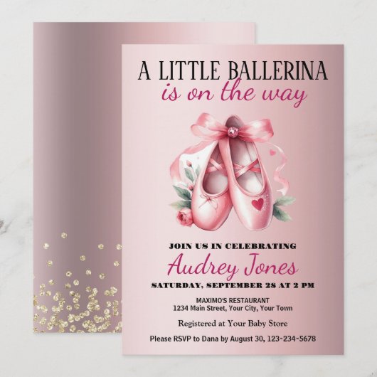 Een kleine ballerina is op weg naar het Baby showe Kaart (Voorkant / Achterkant)