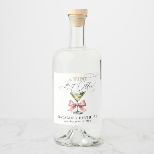 Een kleine beetje oudere Martini Roze strik verjaa Likeurfles Etiket (Voorkant)