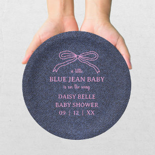 Een Kleine Blauwe Jean Baby Denim Meisje Baby Show Papieren Bordje