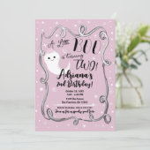 Een kleine boe die 2 TWEE roze Halloween Ghost dra Kaart (Staand voorkant)