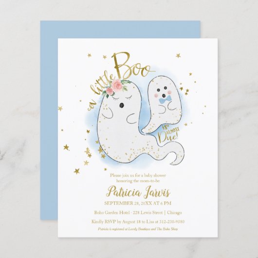 Een kleine Boo Budget Boy Baby shower uitnodiging (Voorkant / Achterkant)