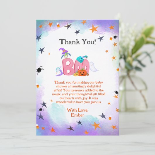 Een kleine boo spook, uil Halloween Baby Dank u Bedankkaart (Staand voorkant)