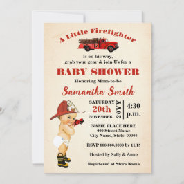 Een kleine brandweerman is op weg naar Baby shower Kaart