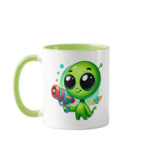 Een kleine buitenaardse met een ballonpistool.