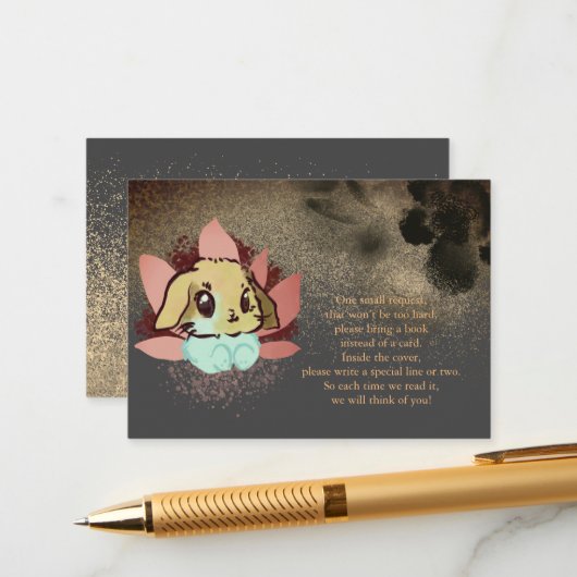 Een kleine bunny Glitter Baby shower Book Request Informatiekaartje (Voorkant / Achterkant in situ)