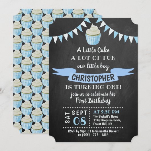 Een kleine Cake Chalkboard 1st Birthday Uitnodigin Kaart (Voorkant / Achterkant)