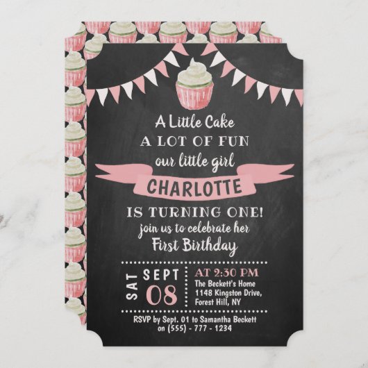 Een kleine Cake Chalkboard 1st Birthday Uitnodigin Kaart (Voorkant / Achterkant)
