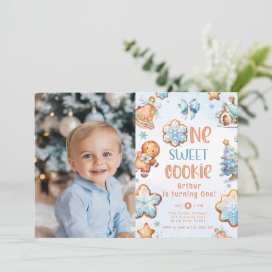 Een kleine Cookie Boy Kerstmis 1e verjaardag foto Kaart (Staand voorkant)