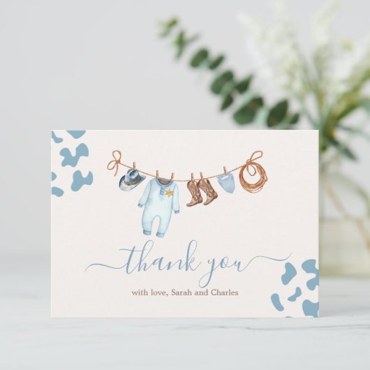 Een kleine Cowboy Baby shower Blauw Dank u kaart (Staand voorkant)