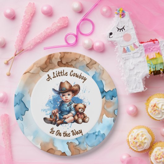 Een kleine cowboy is onderweg | Baby Shower Papieren Bordje (Feest)