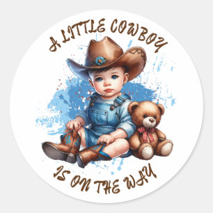 Een kleine cowboy is onderweg   Baby Shower Ronde Sticker
