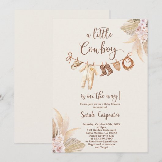 Een kleine cowboy is onderweg naar Baby shower Boy Kaart (Voorkant / Achterkant)