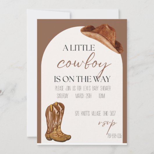 Een kleine cowboy is onderweg naar baby shower kaart (Voorkant)