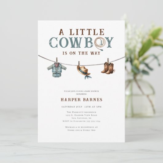 Een kleine cowboy is op komst Jongens babyshower Kaart (Staand voorkant)