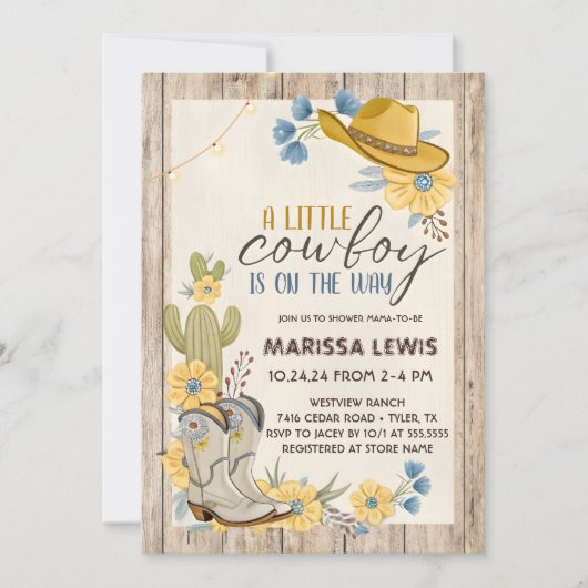 Een Kleine Cowboy Is Op Weg Bleu Geel Western Kaart (Voorkant)