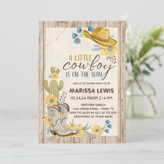 Een Kleine Cowboy Is Op Weg Bleu Geel Western Kaart (Staand voorkant)