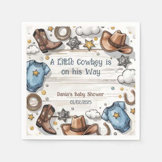 Een kleine cowboy is op weg naar het Baby shower Servet (Voorkant)