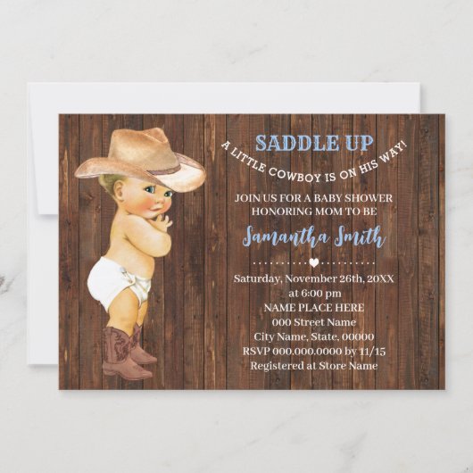 Een kleine cowboy op zijn Way Blue Baby shower Kaart (Voorkant)