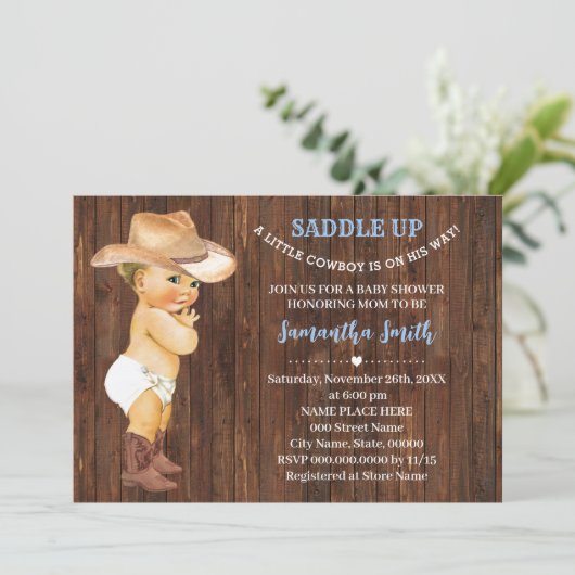 Een kleine cowboy op zijn Way Blue Baby shower Kaart (Staand voorkant)
