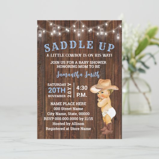 Een kleine Cowboy opzadelen is z'n manier Baby sho Kaart (Staand voorkant)