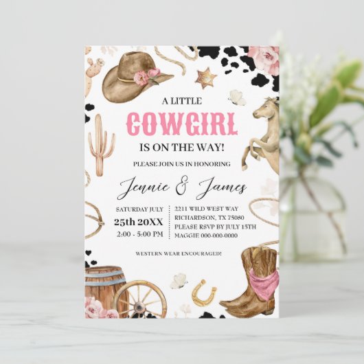 Een kleine cowgirl Baby shower uitnodiging (Staand voorkant)