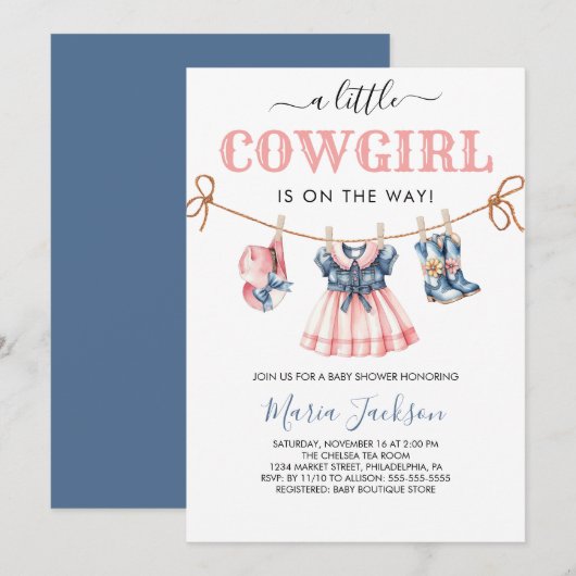 Een kleine Cowgirl Wild West Blue meisje Baby show Kaart (Voorkant / Achterkant)