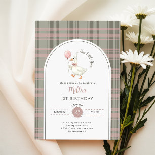 Eén Kleine Gans Roze Strik Gingham 1e Verjaardag Kaart
