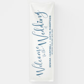 Een kleine hartblauwe tekst op wit welkom spandoek (Verticaal)