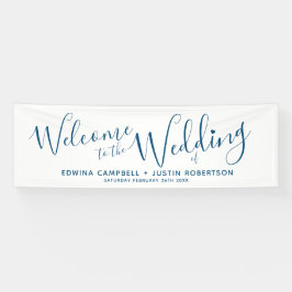 Een kleine hartblauwe tekst op wit welkom spandoek