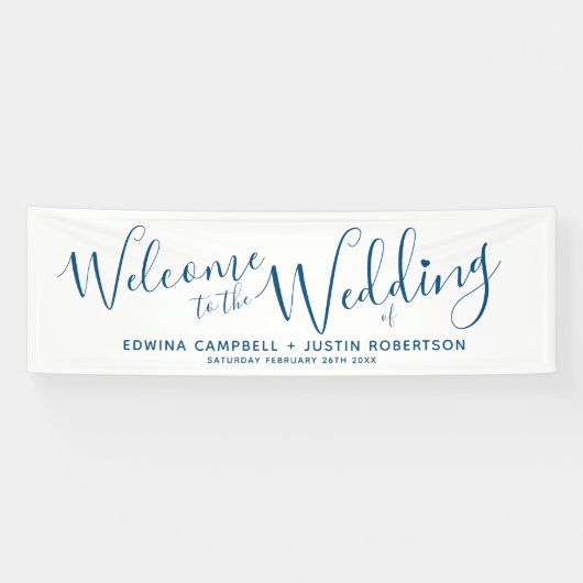 Een kleine hartblauwe tekst op wit welkom spandoek (Horizontaal)