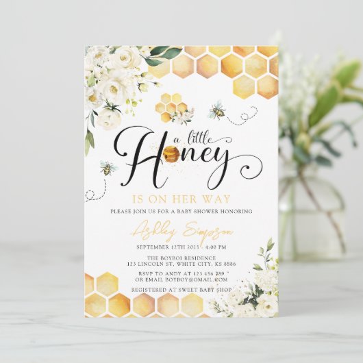 Een kleine honing Baby shower uitnodiging (Staand voorkant)
