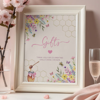 Een Kleine Honing Bij Roze Bloemige Baby Shower Ge Poster