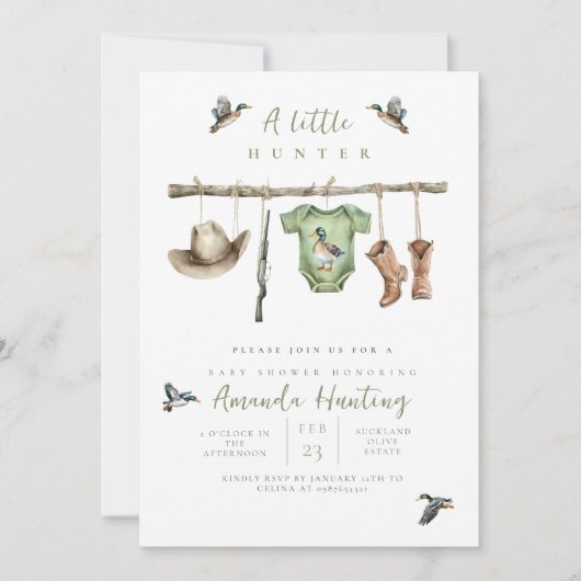 Een kleine jager is onderweg naar het baby shower kaart (Voorkant)