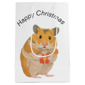Een kleine kersthamster met een cadeau medium cadeauzakje (Achterkant)