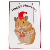 Een kleine kersthamster met een cadeau medium cadeauzakje (Achterkant)