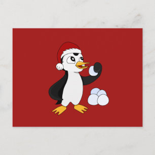 Een kleine kerstpinguïn met een sneeuwbalpost briefkaart