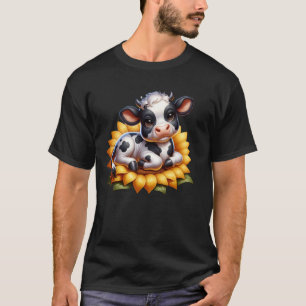 Een kleine koe Zwart en wit gestippeld liggend in T-shirt