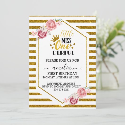 een kleine miss onederful 1e verjaardag goud glitt kaart (Staand voorkant)