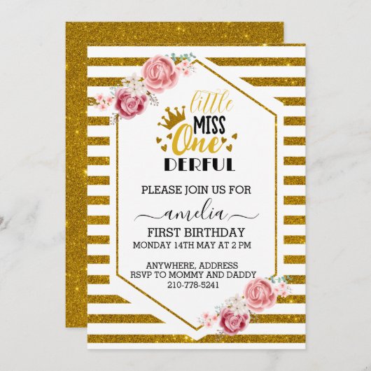 een kleine miss wonderbaarlijke 1e verjaardag goud kaart (Voorkant / Achterkant)