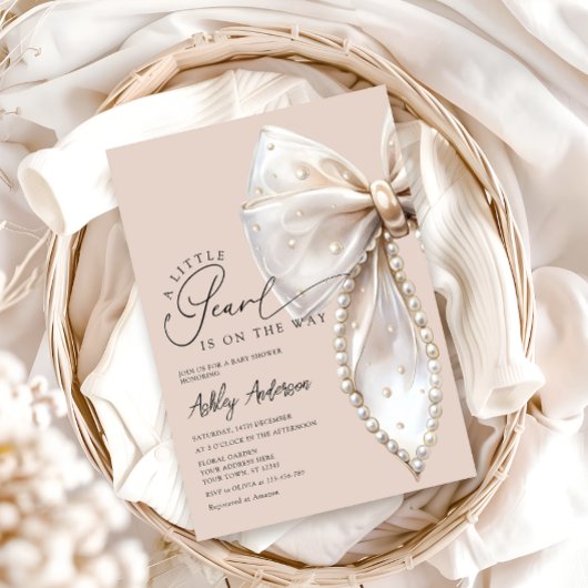 Een kleine parel is onderweg Beige Bow Baby shower Kaart