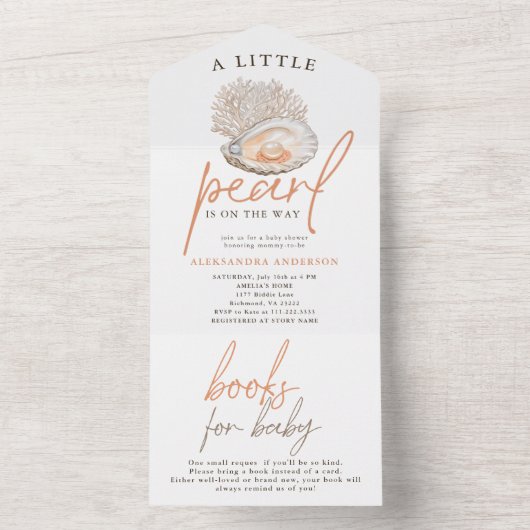 Een kleine Pearl Waterverf Seashell Baby shower All In One Uitnodiging (Binnen)