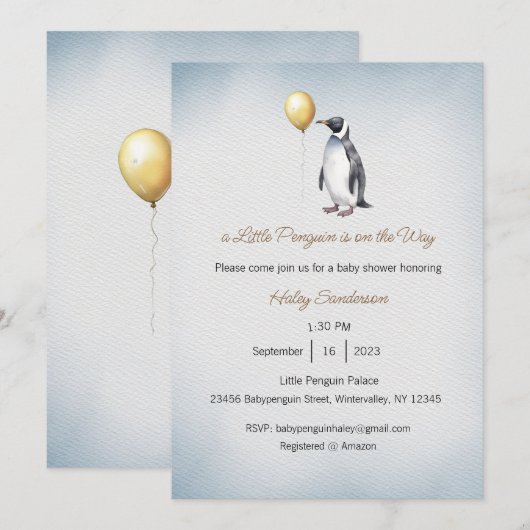 Een kleine pinguïn is op weg Uitnodiging, Baby Kaart (Voorkant / Achterkant)