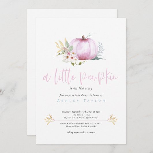 Een kleine pompoen baby meisje douche uitnodiging (Voorkant / Achterkant)