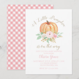 Een kleine pompoen baby shower bloem en roze ruit kaart