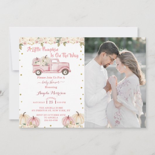 Een kleine pompoen Baby shower roze vrachtwagen fo Kaart (Voorkant)