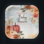 Een kleine pompoen | Baby shower van Floral Girl Papieren Bordje<br><div class="desc">Een kleine pompoen is onderweg en het is zo spannend! Dit "Baby shower"-ontwerp is voorzien van een herfst die floralen coördineert die zijn aangebracht in een rechter bovenste doekje en een linksonder met verbrande oranje pompoenen. Allemaal op een rustige waterverf lucht en aarde achtergrond. Composietontwerp per feestdag — Design.</div>