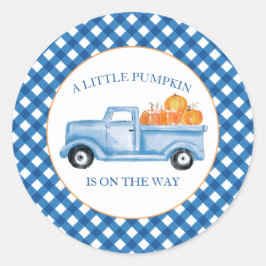 Een kleine pompoen blauwe vrachtwagen herfst baby  ronde sticker